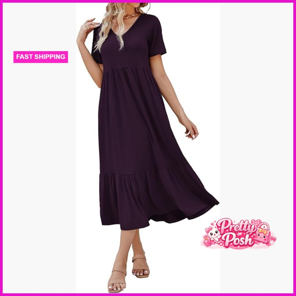 Polyester Rayon Elastane V Neck Maxi Swing Dress … - image 1